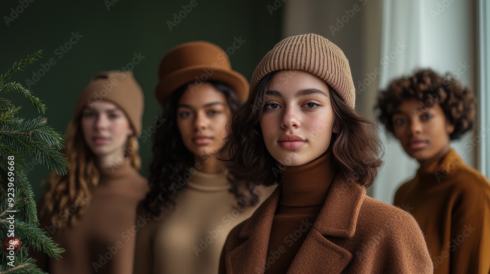 Obraz premium Gen z friends in festive winter attire posing near a decorated holiday tree