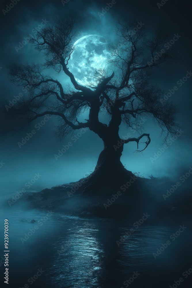 Fototapeta premium Eerie Silhouette of a Tree Against a Full Moon - A haunting silhouette of a barren tree illuminated by a full moon on a foggy night, creating a mysterious and eerie atmosphere.