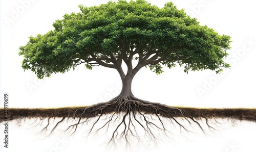 A large tree with its roots visible on the ground. The roots are spread out and the tree is the main focus of the image