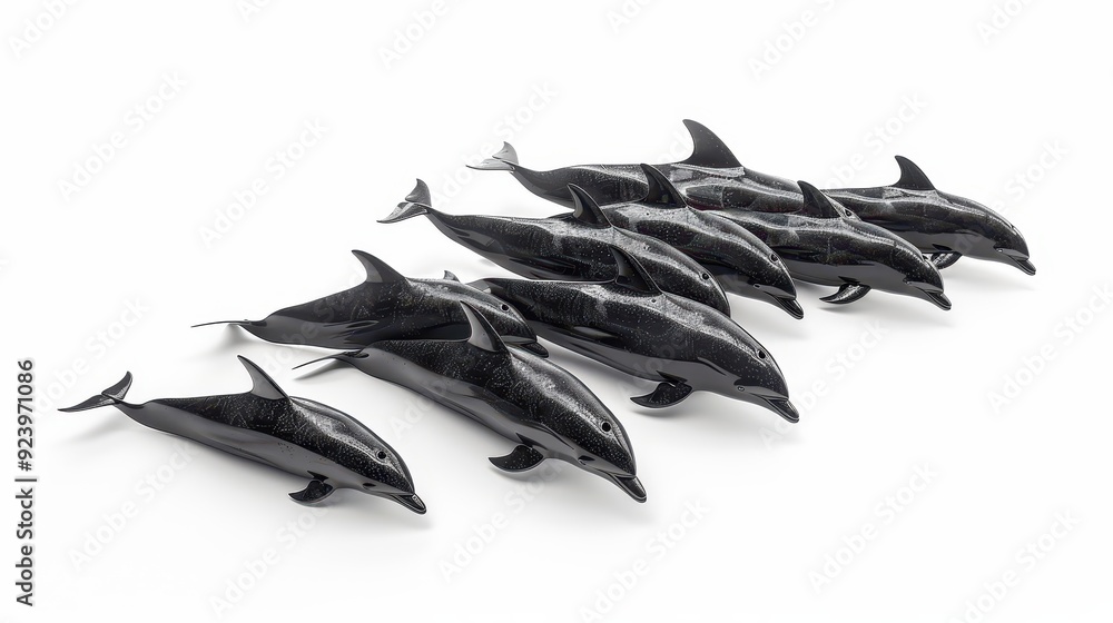 Synchronized Pod of Dolphins Swimming Gracefully on White Background Synchronized Pod of Dolphins Swimming Gracefully on White Background