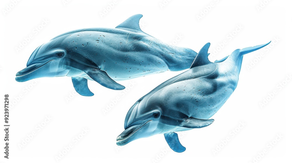 Obraz premium Playful Dolphin Companions: Two Dolphins Swimming Together in Isolation on White Background