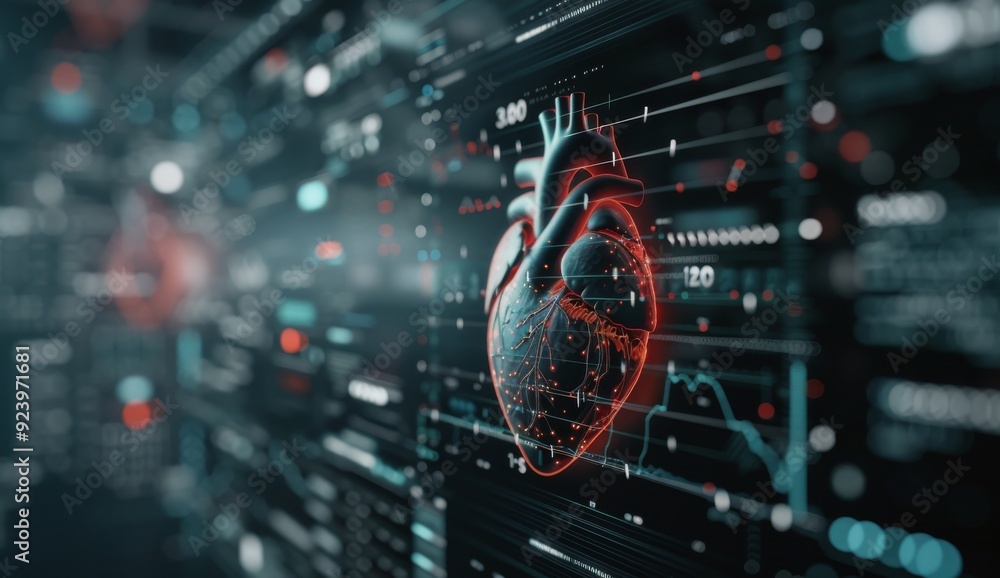 Fototapeta premium Digital Heart Visualization on Medical Data Interface With Graphs and Annotations