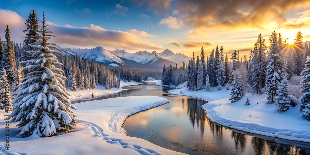 Winter landscape with snow-covered trees. Snowy winter wonderland at dawn with frozen river Winter landscape with snow-covered trees. Snowy winter wonderland at dawn with frozen river
