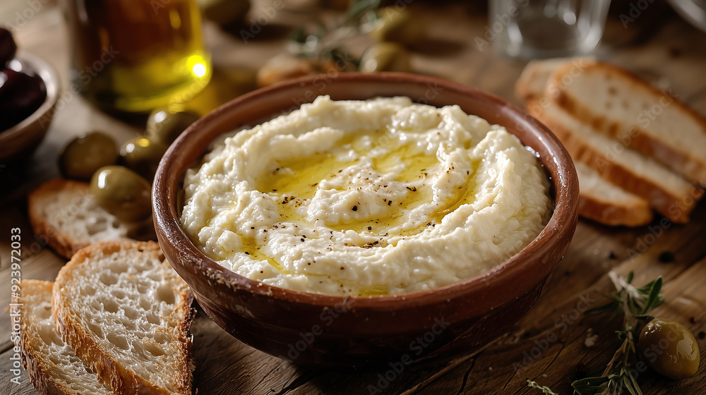 Traditional Greek Skordalia with Olive Oil and Bread Traditional Greek Skordalia with Olive Oil and Bread