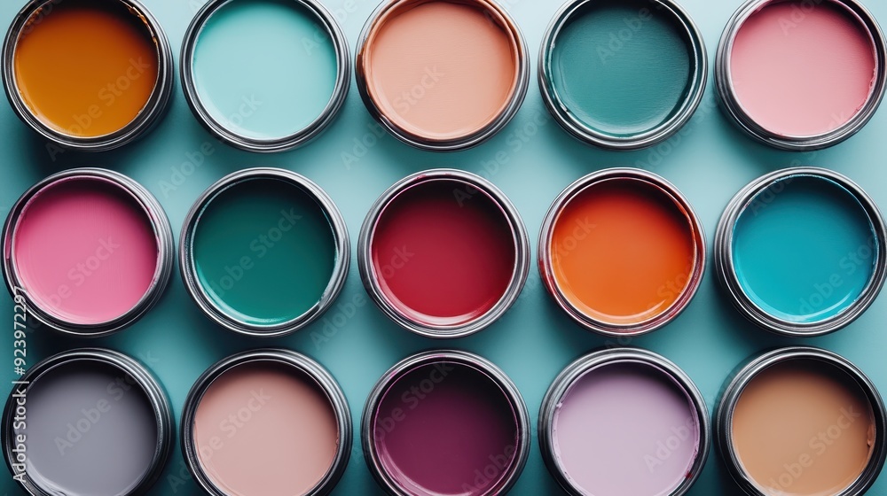 A top-down view of multiple open paint cans, each showcasing a different vibrant color, representing diversity, creativity, and artistic potential for various projects. A top-down view of multiple open paint cans, each showcasing a different vibrant color, representing diversity, creativity, and artistic potential for various projects.