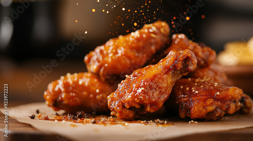 Crispy buffalo chicken wings on parchment paper | Close-up of wings with sauce splashes and seasoning | Warm, blurred background adds depth | Ideal for BBQ ads and spicy food visuals