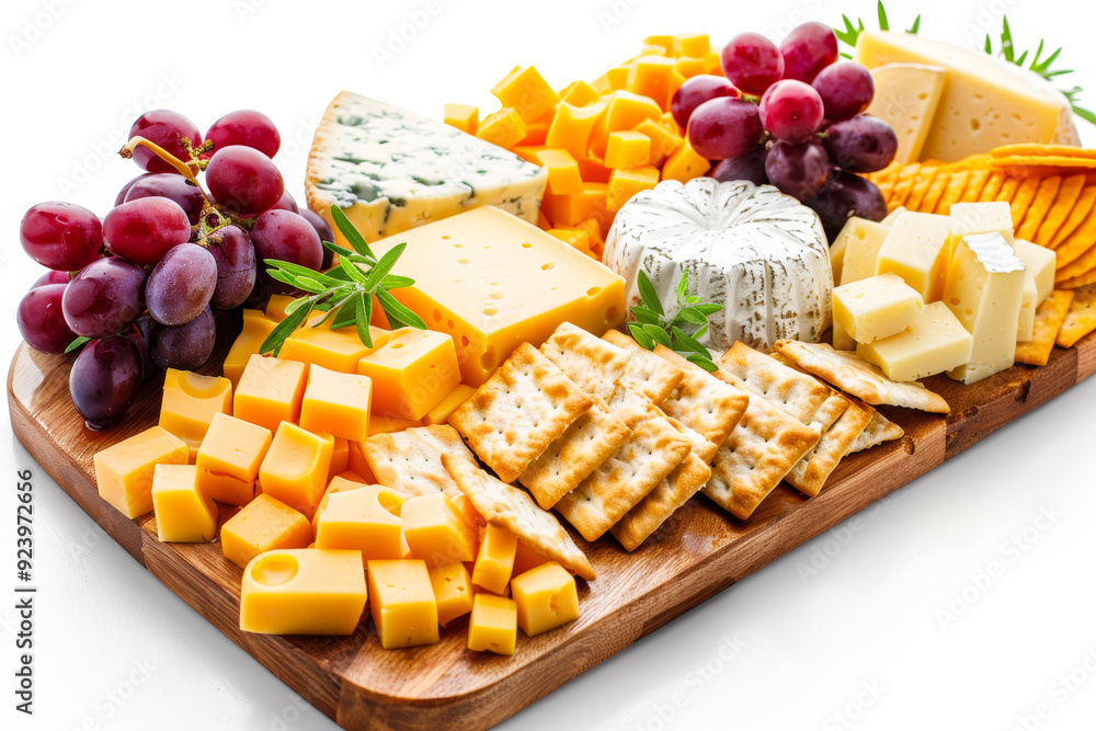 Wooden Tray with Cheese, Crackers, and Grapes Wooden Tray with Cheese, Crackers, and Grapes