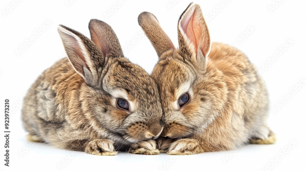 Fototapeta premium Tender Love: Affectionate Rabbits Snuggling Together on White Background