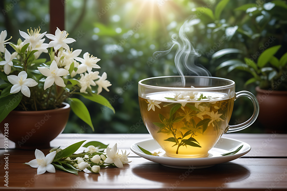 Steaming cup of jasmine tea with delicate flowers floating on the surface, set on a wooden table in a serene garden with lush green plants Steaming cup of jasmine tea with delicate flowers floating on the surface, set on a wooden table in a serene garden with lush green plants
