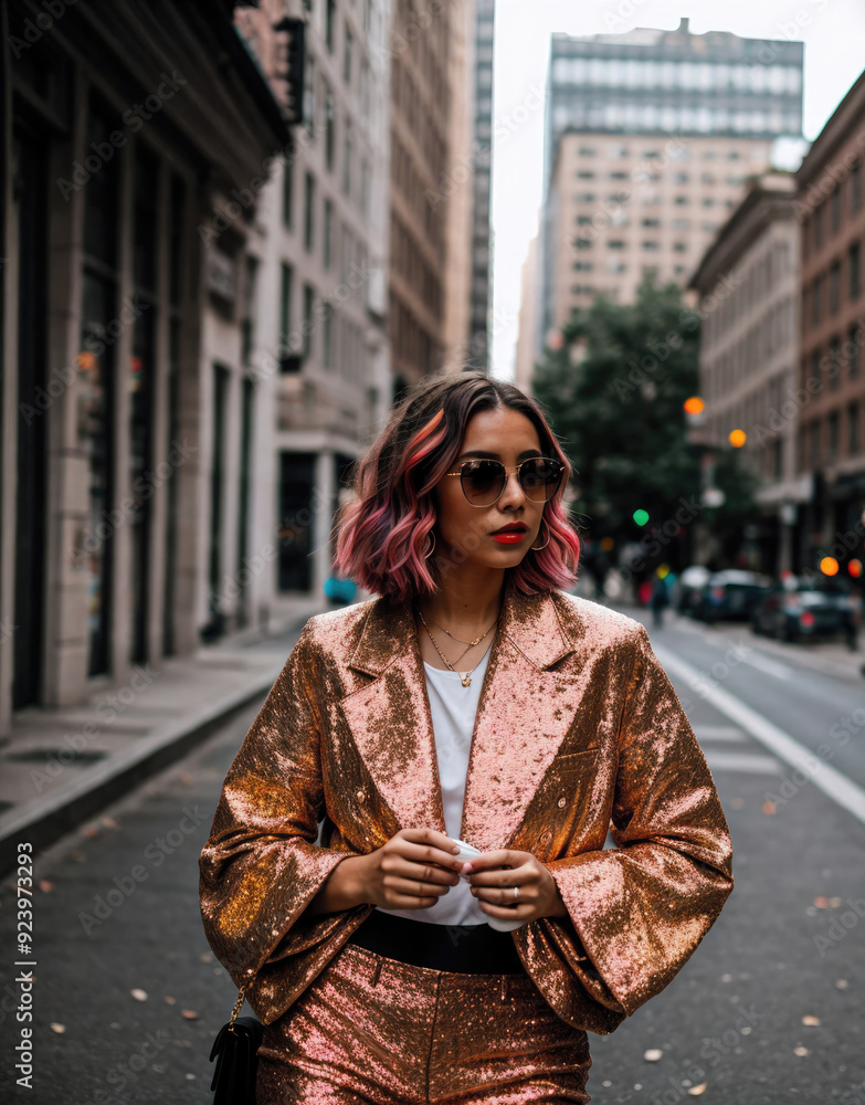 Obraz premium Fashionable Woman Strolling Through Urban Street in Shimmering Outfit During Overcast Day
