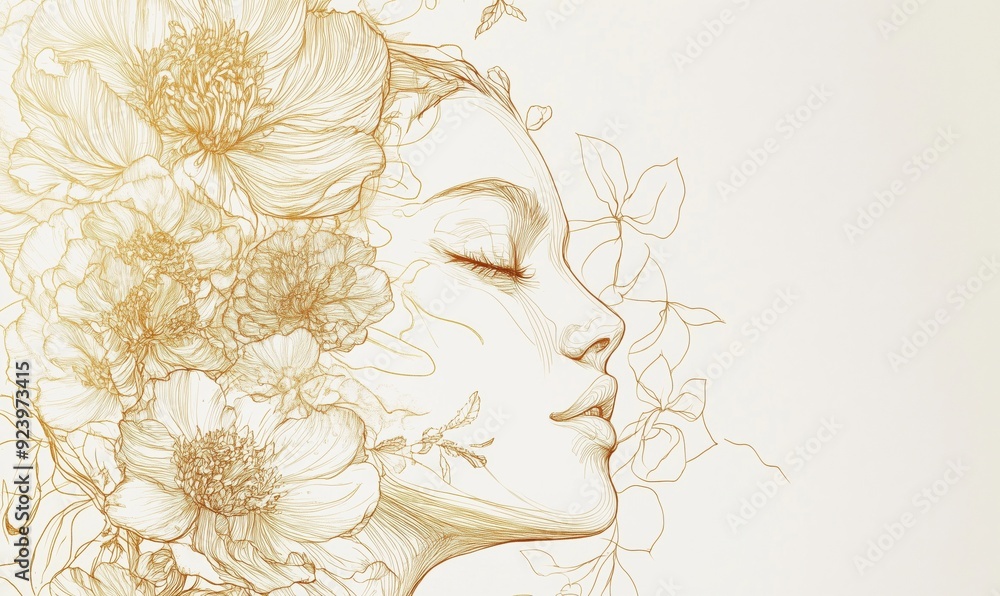 © panumas - A woman's face is drawn with flowers on it. The flowers are gold and the woman is smiling. The image has a peaceful and calming mood