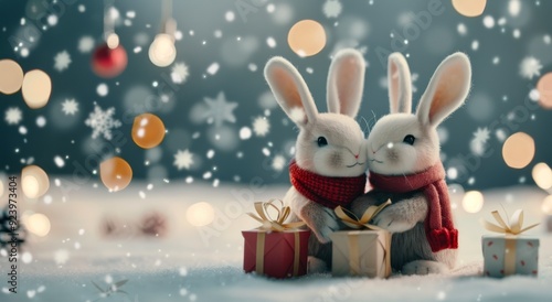 Two Cute Rabbits Wearing Red Scarves in a Festive Winter Setting With Snowy Background photo