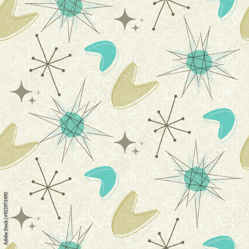 Mid-century modern, atomic age seamless pattern. Retro 1950s background