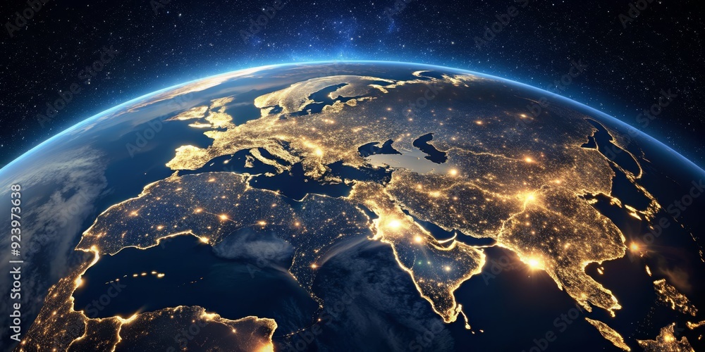 Fototapeta premium Earth's Nighttime Glow Over Europe and Asia, Digital Composite, Satellite View, City Lights, night , Europe , Asia