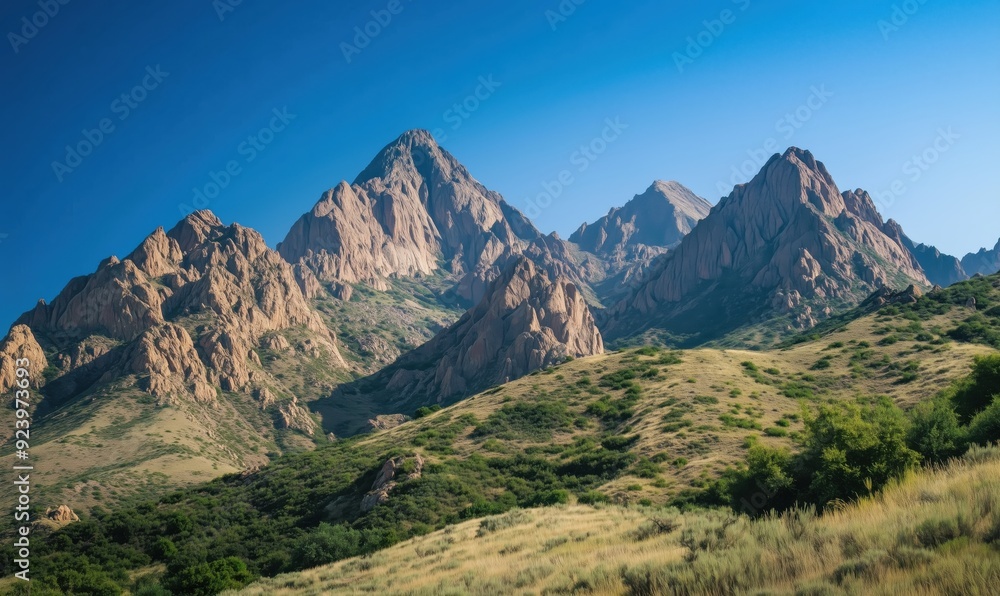 The mountains are covered in green grass and rocks. The sky is clear and blue. The mountains are very tall and the grass is short The mountains are covered in green grass and rocks. The sky is clear and blue. The mountains are very tall and the grass is short