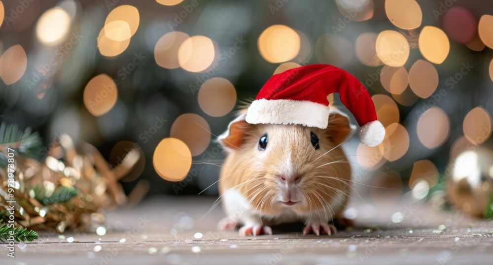 Cute Guinea Pigs in Santa Hats Celebrating Christmas With Decorative Ornaments