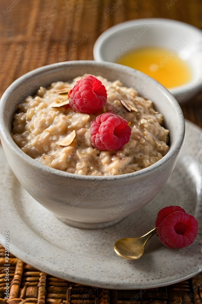 Bowl of oatmeal with fresh raspberries Bowl of oatmeal with fresh raspberries
