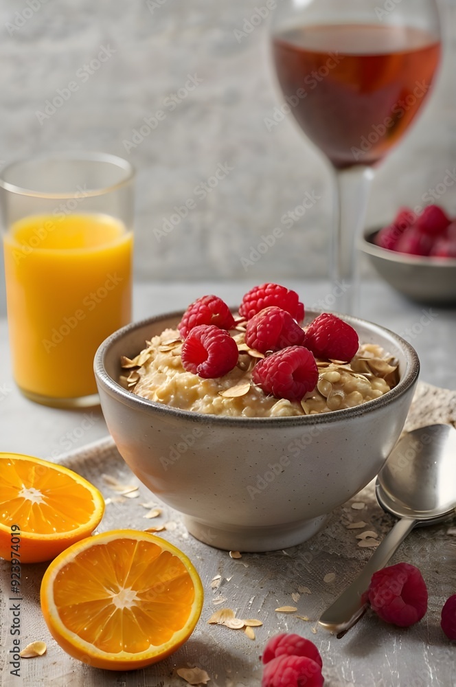 Bowl of oatmeal with fresh raspberries Bowl of oatmeal with fresh raspberries