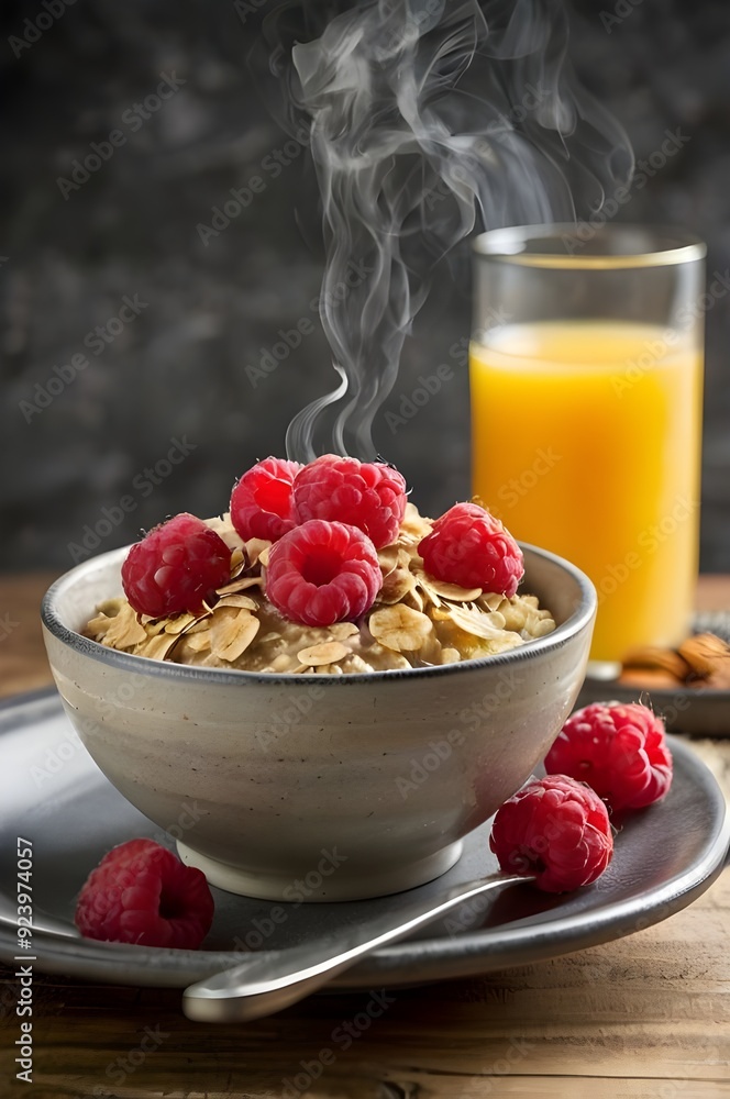 Bowl of oatmeal with fresh raspberries Bowl of oatmeal with fresh raspberries