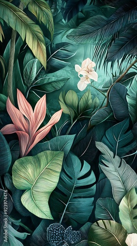 Wallpaper Mural Lush Tropical Foliage with Pink and White Flowers Torontodigital.ca