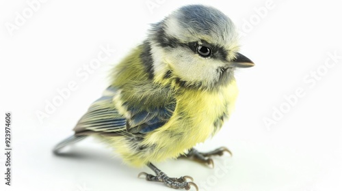 Young Blue Tit perched on white background at 23 days old