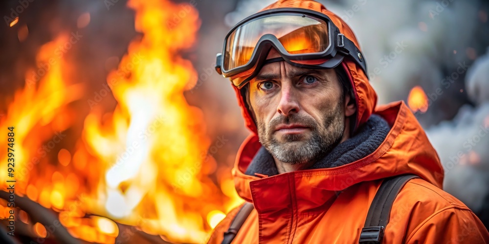 Obraz premium Firefighter in Goggles Facing Flames, firefighter, fire, safety, protection