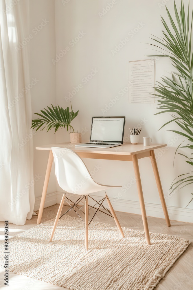 Minimalist home office setup in a bright modern apartment Minimalist home office setup in a bright modern apartment
