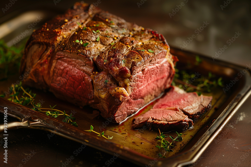 Rare roast beef on a silver tray with herbs Rare roast beef on a silver tray with herbs
