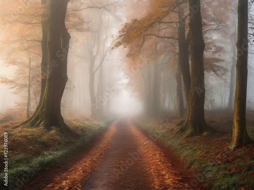 An enchanting and atmospheric photograph of a foggy forest path in autumn. The misty environment and fallen leaves create a serene and tranquil scene, perfect for a peaceful nature walk. photo