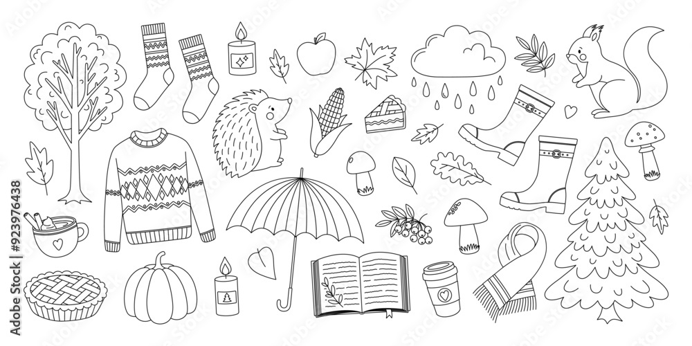 Autumn set coloring page. Outline collection with leaves, mushrooms, trees, pumpkin, sweater, rubber boots, animals and other elements. Fall season. Coloring book for print Autumn set coloring page. Outline collection with leaves, mushrooms, trees, pumpkin, sweater, rubber boots, animals and other elements. Fall season. Coloring book for print