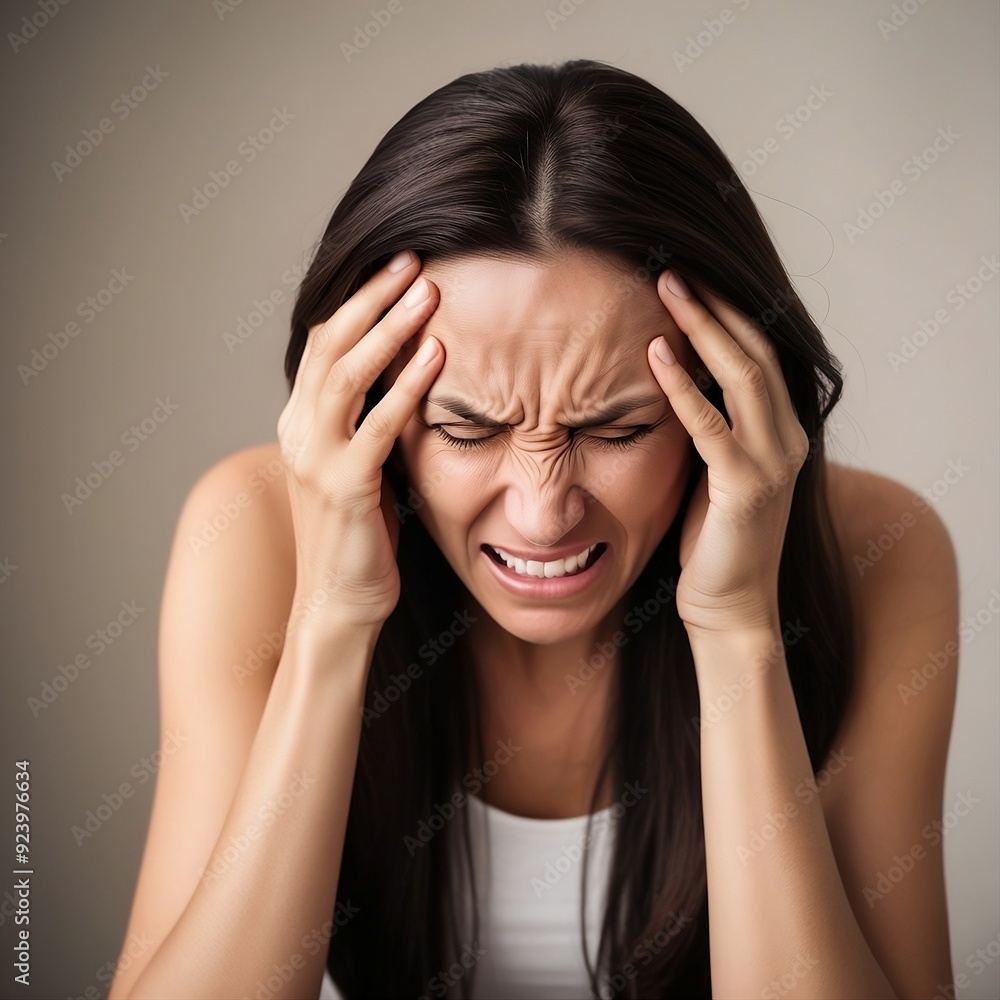 Woman with worst headache she clutches her temples with both hands, her knuckles white with tension, her eyes closed in a mix of pain and desperation. Woman with worst headache she clutches her temples with both hands, her knuckles white with tension, her eyes closed in a mix of pain and desperation.
