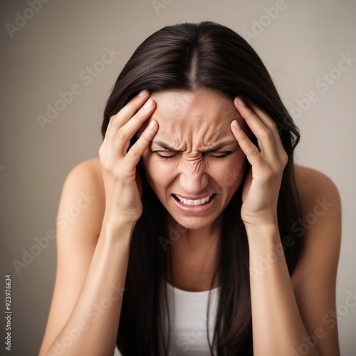 Woman with worst headache she clutches her temples with both hands, her knuckles white with tension, her eyes closed in a mix of pain and desperation.