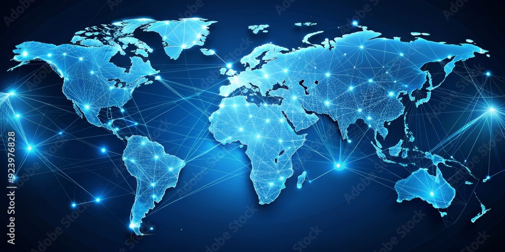 Global Network Connection - World Map with Glowing Lines and Nodes, Global Network, World Map, Digital Network, Internet Connection Global Network Connection - World Map with Glowing Lines and Nodes, Global Network, World Map, Digital Network, Internet Connection