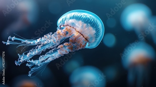 An elegant jellyfish floats effortlessly in the ocean, with its semi-transparent body and long tentacles beautifully showcased in this underwater photograph.