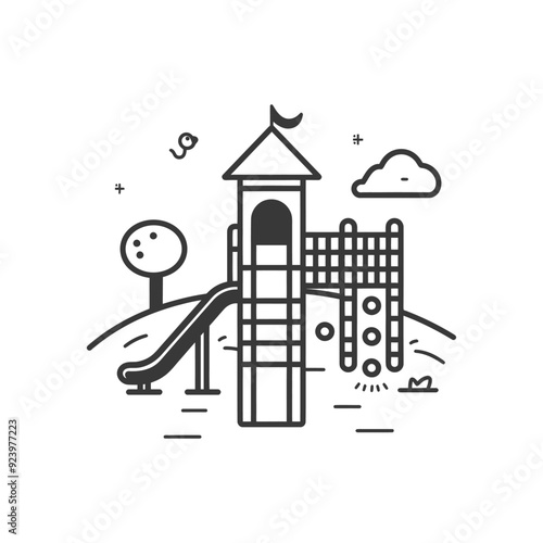 Playground with a slide, tower, climbing frame and a tree