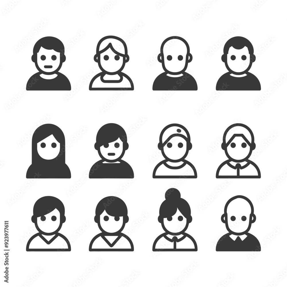 Set of 12 Diverse User Profile Icons in Black and White Set of 12 Diverse User Profile Icons in Black and White