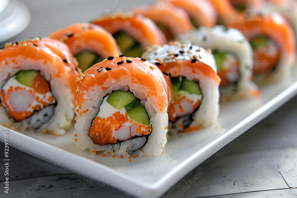 Close-up of sushi rolls with salmon, cucumber, and roe Close-up of sushi rolls with salmon, cucumber, and roe