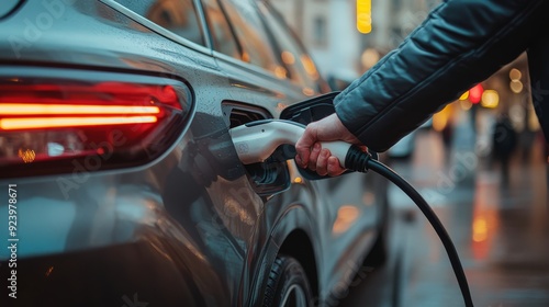 A person charges an electric vehicle in a bustling urban setting during rain