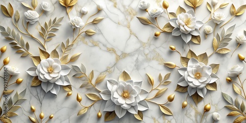 Golden Leaves and White Flowers on Marble, floral , wallpaper , 3d , decoration