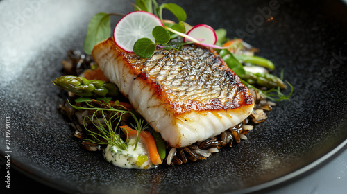 Exquisite Dish of Pan-Seared Sea Bass on Wild Rice with Radish and Herb Garnish photo