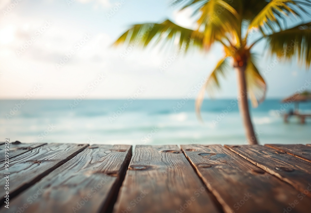 Top of wood table with seascape and palm tree, blur bokeh light of calm sea and sky at tropical beach background Top of wood table with seascape and palm tree, blur bokeh light of calm sea and sky at tropical beach background