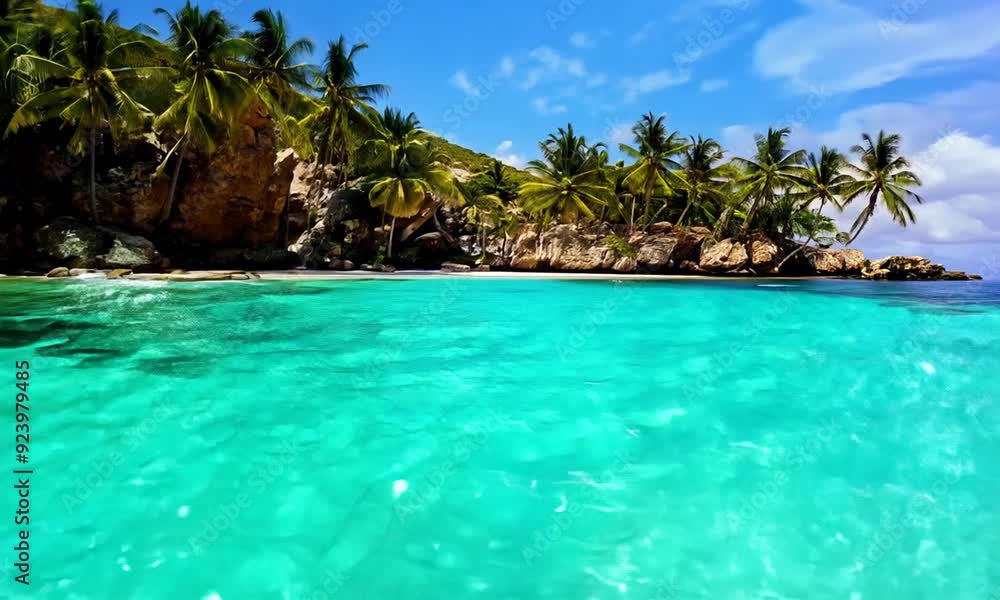 A picturesque and peaceful oasis with crystal clear turquoise waters, surrounded by lush palm trees and picturesque rocky cliffs, under a bright blue sky. A picturesque and peaceful oasis with crystal clear turquoise waters, surrounded by lush palm trees and picturesque rocky cliffs, under a bright blue sky.