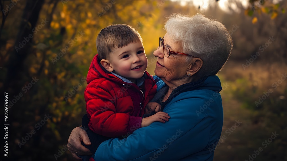 A grandmother lovingly holds her grandson in a forest setting, surrounded by autumn colors. A grandmother lovingly holds her grandson in a forest setting, surrounded by autumn colors.