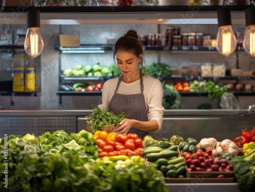 young woman, seller, lays out, sells products, vegetables, fruits on the counter of the store. close-up, realistic photo. banner, background.