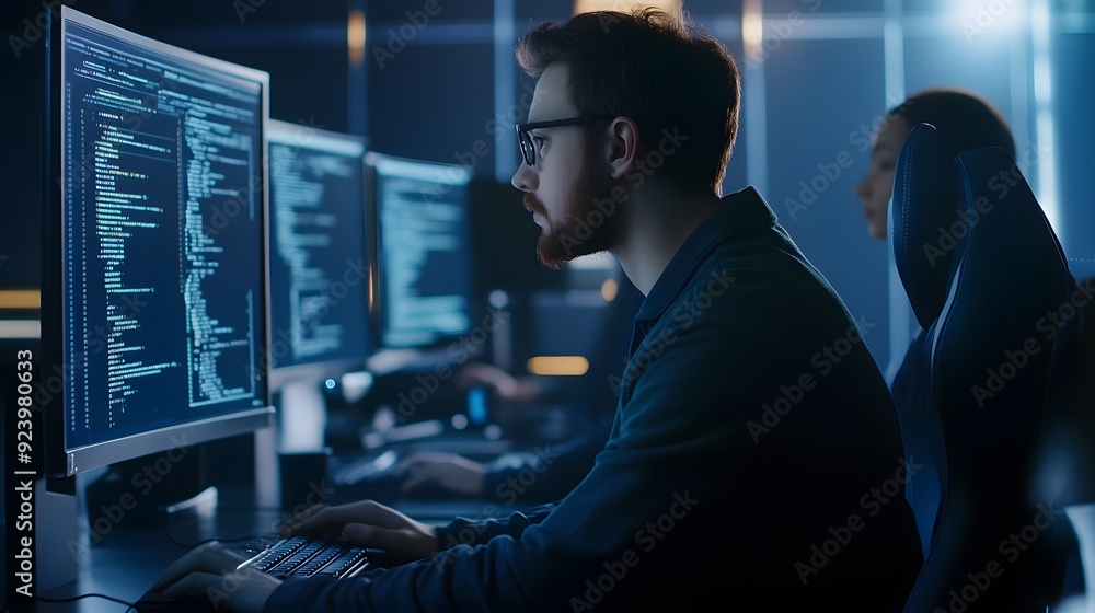 A young man with a beard and glasses sits at a computer typing code. A young man with a beard and glasses sits at a computer typing code.