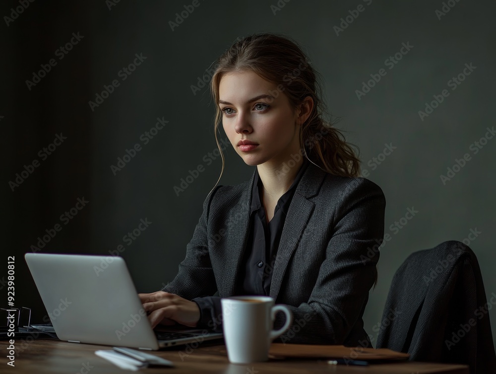 young woman working on laptop at desk in office, close-up, realistic photo, banner, background. young woman working on laptop at desk in office, close-up, realistic photo, banner, background.