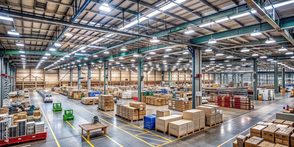 High Angle View of a Large Warehouse with Boxes and Forklifts, warehouse, industrial, logistics, distribution High Angle View of a Large Warehouse with Boxes and Forklifts, warehouse, industrial, logistics, distribution