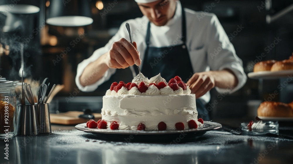 chef cooks, decorates cake in kitchen. close-up, realistic photo. banner, background. chef cooks, decorates cake in kitchen. close-up, realistic photo. banner, background.
