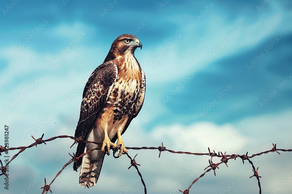 A majestic hawk perched on top of barbed wire A majestic hawk perched on top of barbed wire