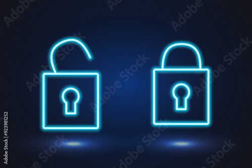 Icon neon, luminous lock blue open and closed set . Vector
